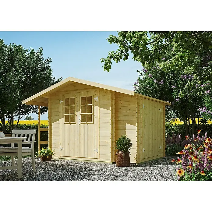 Kiehnholz Gartenhaus Oslo - Außenmaß inkl. Dachüberstand (B x T): 362 x 263 cm, Holz, Natur - Helles Holzgartenhaus mit Doppeltüren und Fenstern vor üppigem Grün, das zusätzlichen Stauraum bietet und sich perfekt in jeden Garten einfügt.