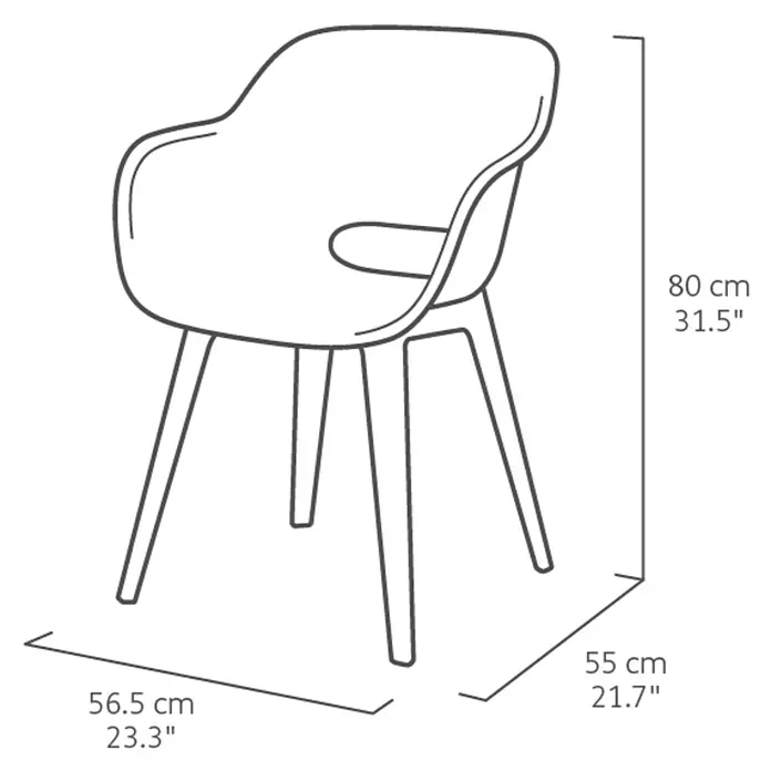 Allibert Gartensessel Akola im Set - Polypropylen, Weiß, B x T x H: 56,5 x 50 x 80 cm - Abbildung eines Stuhls mit Armlehnen und vier Beinen, versehen mit Maßangaben in Zentimetern und Zoll zur detaillierten Größenorientierung.