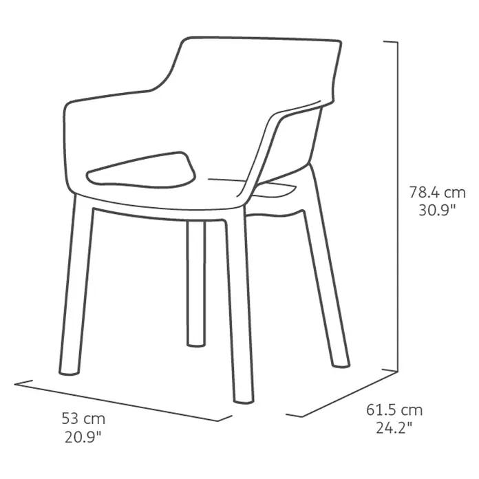 Keter Silla de jardín Elisa - 53 x 62 x 78,4 cm, Polipropileno, Antracita - Ilustración de un sillón con reposabrazos e indicaciones de tamaño.