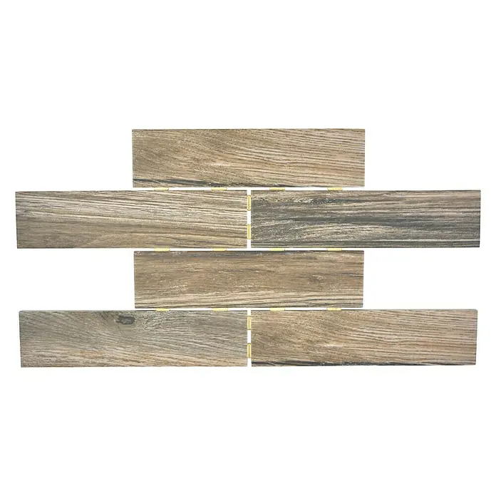 Mosaikfliese Brick Oak Mink CDJ 09BR - 25,2 x 36,7 cm, Dunkelbraun, Matt - Abbildung eines Musters aus hellbraunen Holzfliesen mit goldenen Fugen, ideal für Boden- und Wanddesign.