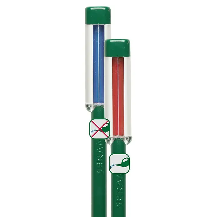 Seramis Gießanzeiger Indoor - Topfhöhe über 16 cm, 2 Stk. - Zwei SERAMIS® Gießanzeiger für Pflanzen, einer rot und einer blau, mit grünen Spitzen auf schwarzem Hintergrund.