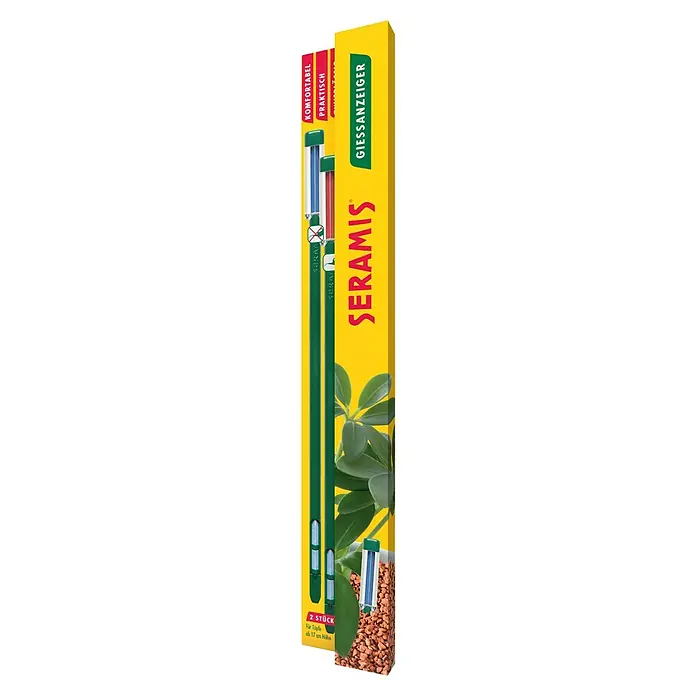 Seramis Gießanzeiger Indoor - Topfhöhe über 16 cm, 2 Stk. - Eine Nahaufnahme der Seramis Gießanzeiger-Packung mit zwei Feuchtigkeitsmessgeräten für Topfpflanzen, zur einfachen Bestimmung des Gießbedarfs.