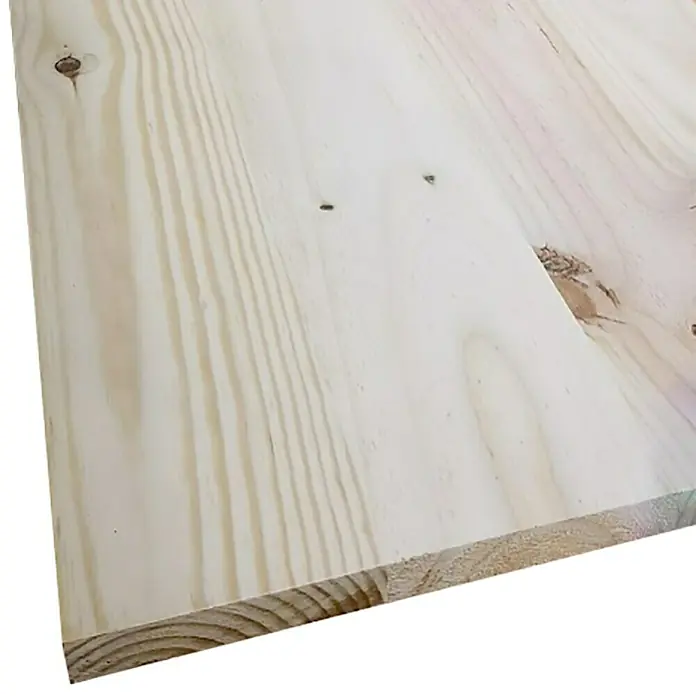 Tablero de madera laminada - Pino, 800 x 200 x 18 mm - Primer plano de una tabla de madera clara sin tratar con una veta distintiva y detalles de nudos, ideal para la fabricación de muebles o proyectos de bricolaje.
