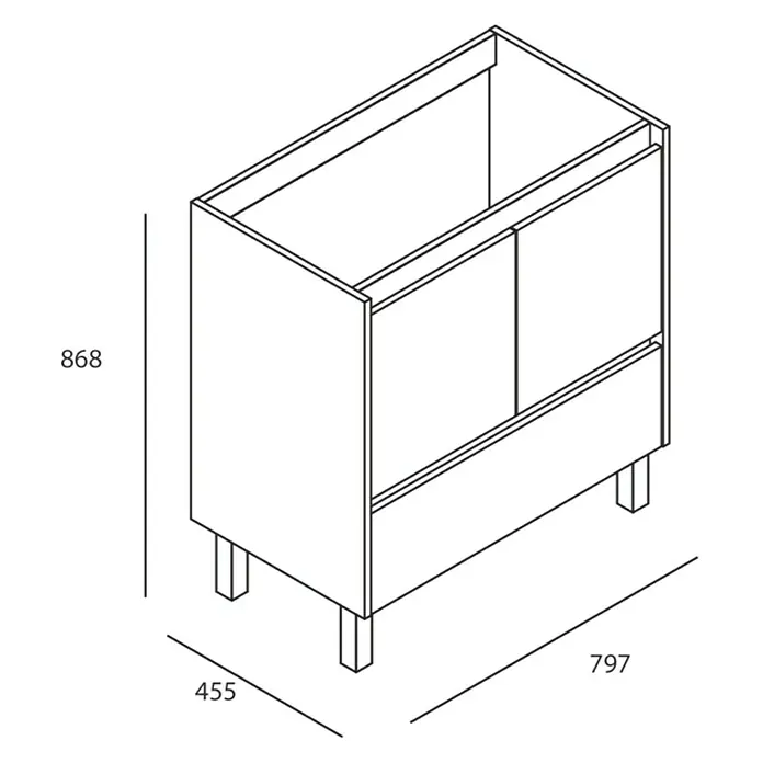 Mueble bajo de lavabo Isla - An x Pr x Al: 80 x 45,5 x 86,8 cm, Roble claro - Ilustración de un mueble de baño con dos cajones y patas, dimensiones 868 x 797 x 455 mm.