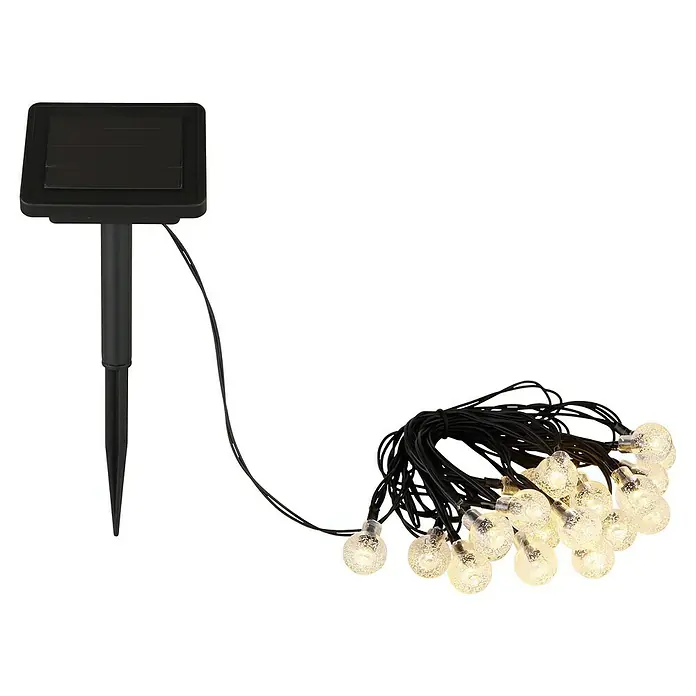 Globo Solar-Lichterkette - Länge: 2 m, LED, IP44 - Solarbetriebene Lichterkette mit kugelförmigen Lampen und Erdspieß für den Garten oder die Terrasse. Schafft eine stimmungsvolle Atmosphäre.