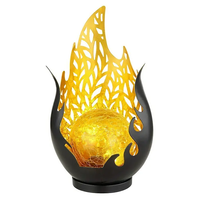Globo Solar-Dekoleuchte Flamme - L x B x H: 16,5 x 12,5 x 26,5 cm, Schwarz/Amber/Goldfarben, IP44 - Dekorative Solarleuchte in Flammenform mit goldfarbener Kugel, die ein warmes Licht erzeugt und eine gemütliche Atmosphäre schafft.