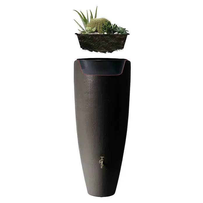 Garantia Classic Line Regenspeicher 2 in 1 - 300 l, Mocca - Detaillierte Ansicht einer Regentonnen-Kombination mit integriertem Pflanzgefäß, ideal für Garten und Terrasse, in ansprechender Optik.