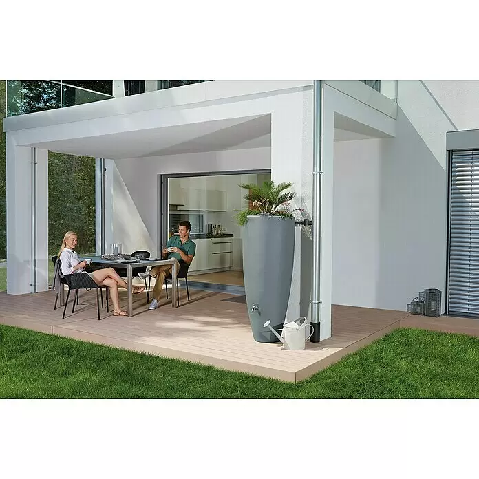 Garantia Classic Line Regenspeicher 2 in 1 - 300 l, Zinkgrau - Große graue Regentonne mit integriertem Pflanzgefäß, sammelt Wasser vom Fallrohr auf moderner Terrasse. Inkl. Gießkanne.