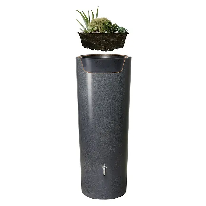 Garantia Modern Line Regenspeicher Stone 2 in 1 - 350 l, Lava - Das Regenwasserfass mit Pflanzschale ist die perfekte Kombination aus Funktionalität und Ästhetik für Ihren Garten.