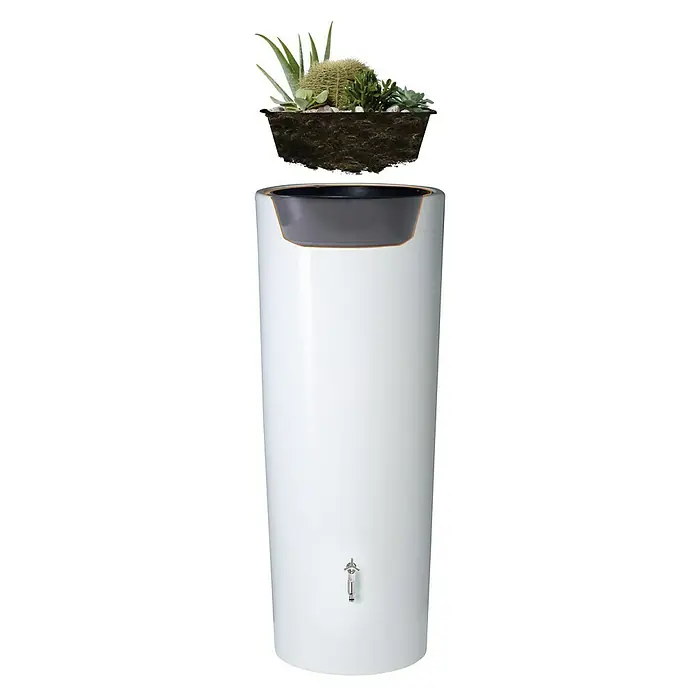 Garantia Modern Line Regenspeicher Color 2 in 1 - 350 l, Coco - Der schlanke, weiße Regenspeicher mit integriertem Pflanzgefäß bietet eine stilvolle Möglichkeit, Regenwasser zu sammeln und Pflanzen zu präsentieren.