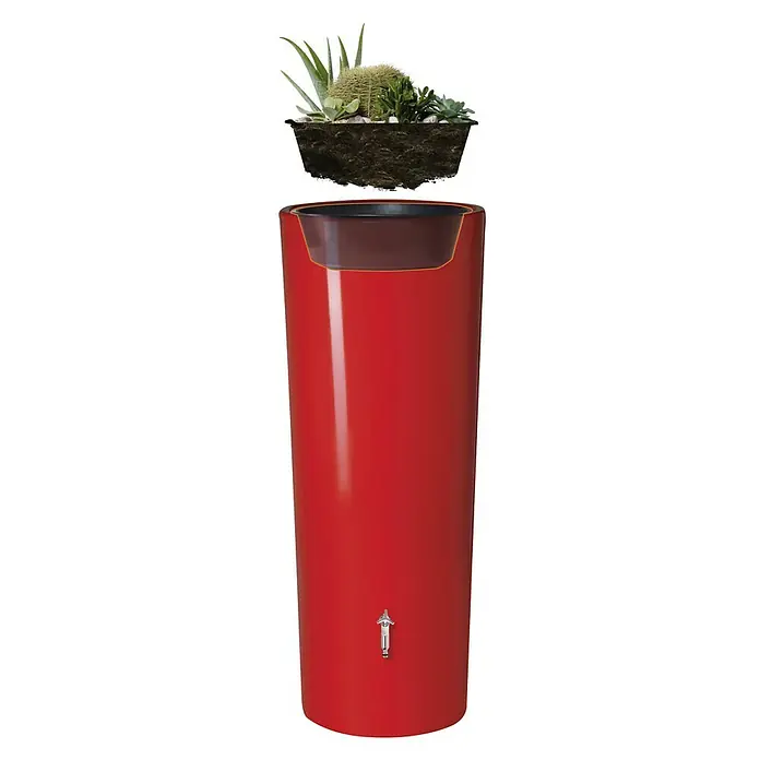 Garantia Modern Line Regenspeicher Color 2 in 1 - 350 l, Tomato - Rote Regentonnen-Kombination mit Bepflanzung und Hahn. Ideal für Garten, Terrasse oder Balkon zur Regenwassernutzung.