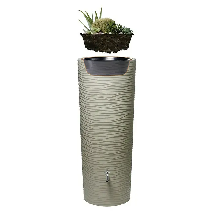 Garantia Modern Line Regenspeicher Natura 2 in 1 - 350 l, Sahara, 1 Stk. - Ein dekorativer Wassertank mit Pflanzgefäß für den Garten. Das Produkt ist beige und hat ein wellenförmiges Muster.
