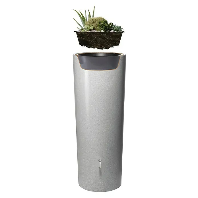 Garantia Modern Line Regenspeicher Stone 2 in 1 - 350 l, Silver - Regenspeicher mit Pflanzkorb-Aufsatz zur individuellen Gestaltung und Regenwassernutzung, perfekt für Garten und Terrasse.