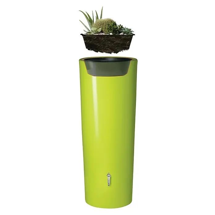 Garantia Modern Line Regenspeicher Color 2 in 1 - 350 l, Apple - Ein grüner Regenspeicher mit Pflanzschale für dekorative Bepflanzung, ideal für Garten und Terrasse.