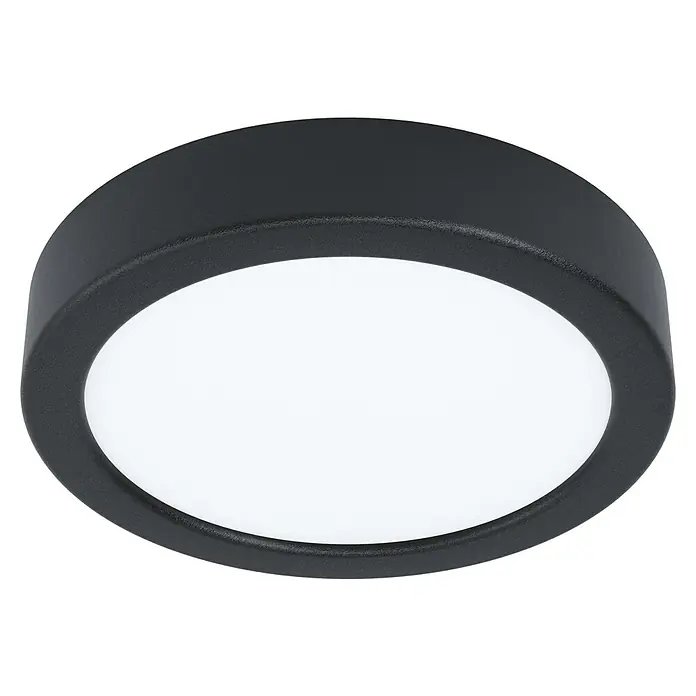 Eglo LED-Deckenleuchte rund Idun - 9,5 W, Ø x H: 17 x 3 cm, Schwarz, Neutralweiß - Nahaufnahme einer runden, schwarzen LED-Deckenleuchte mit einem hellen, runden Lichtdiffusor. Das elegante Design sorgt für moderne Beleuchtung.