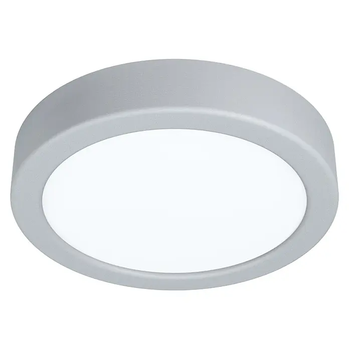Eglo LED-Deckenleuchte rund Idun - 9,5 W, Ø x H: 17 x 3 cm, Silber, Neutralweiß - Nahaufnahme einer runden Deckenleuchte mit einem grauen Rahmen und einem weißen, diffusen Lichtbereich.