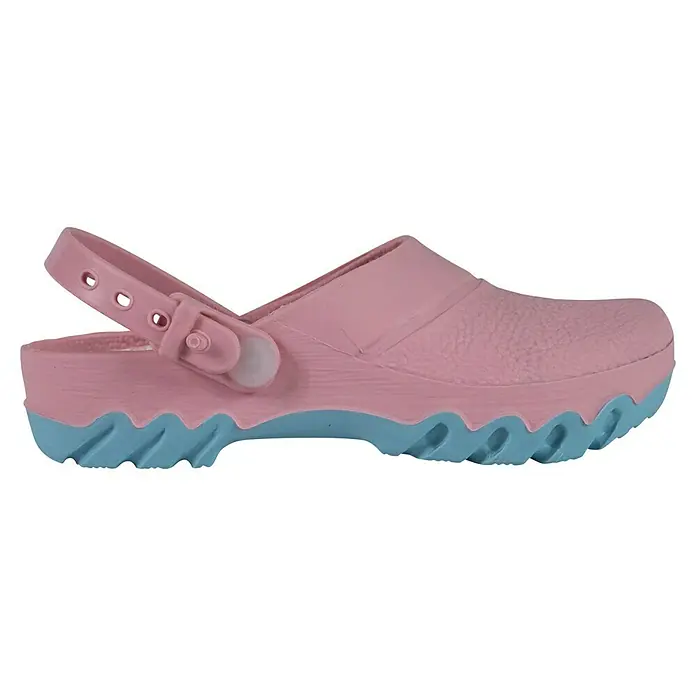 Gartenclogs - Schuhgröße: 30, Rosa - Rosa Clog-Sandalen mit blauer Sohle. Das Obermaterial hat eine strukturierte Oberfläche, der Fersenriemen ist verstellbar.