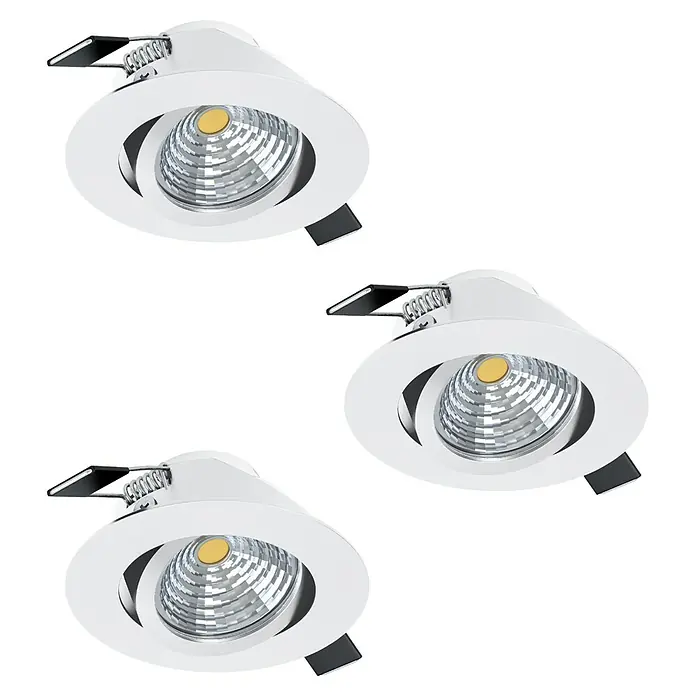 Eglo LED-Einbauleuchte SALICETO - Warmweiß, Durchmesser: 8,8 cm, Weiß, 3 Stk. - Nahaufnahme von drei weißen LED-Deckenspots. Elegantes Design für moderne Innenräume mit effizienter Beleuchtungslösung.