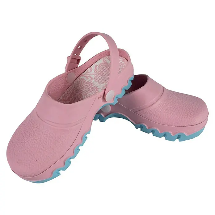 Gartenclogs - Schuhgröße: 30, Rosa - Pinkfarbene Clogs mit hellblauen Sohlen für Damen. Komfortable und stylische Gartenschuhe für den Sommer.