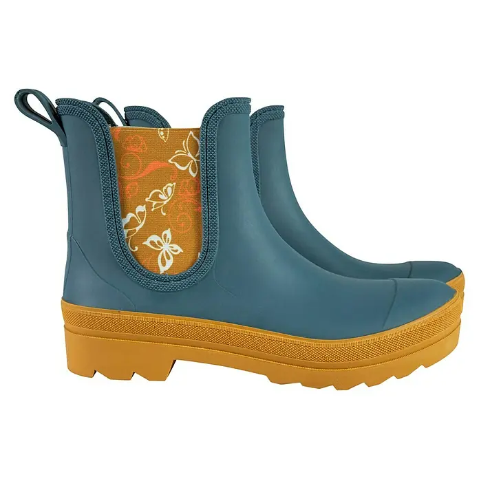 Gummistiefel - Schuhgröße: 39, Petrol - Stilvolle, petrolfarbene Chelsea-Regenstiefel mit ockerfarbener Sohle und dekorativem Schaft. Perfekt für jedes Wetter.