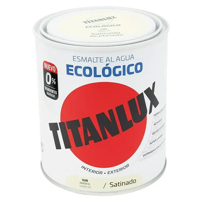 Titanlux Esmalte de color Eco - Marfil, Satinado, 750 ml, Base de agua - Un bote blanco de esmalte al agua Titanlux, que promociona sus propiedades ecológicas y acabado satinado.