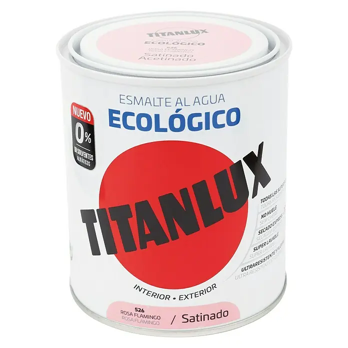 Titanlux Esmalte de color Eco - Rosa flamingo, Satinado, 750 ml, Base de agua - Esmalte al agua TITANLUX "Ecológico" en Rosa Flamingo, acabado satinado. Uso interior/exterior, ecológico, 0% disolventes alifáticos.