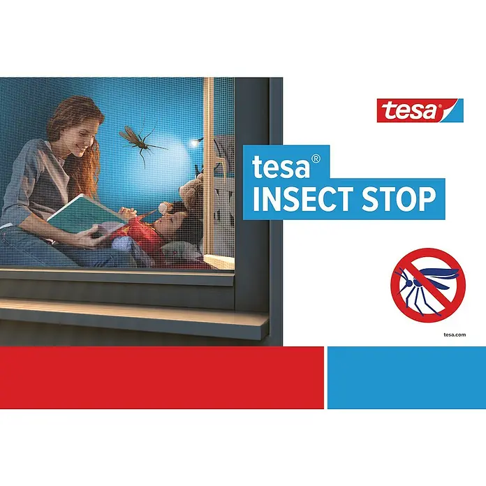 Tesa Insect Stop Insektenschutzfenster Klett - B x H: 1 x 1 m, Farbe Netz: Anthrazit, Montage Insektengitter: Ankletten - Illustration von Tesa Insect Stop, das Insektenschutzgitter für Fenster, mit einer Frau, die liest.