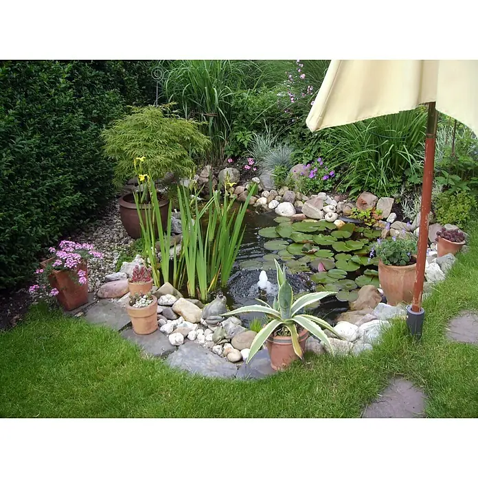 Ubbink Teichschale Calmus SIII - Fassungsvermögen: 350 l - Ein ruhiger Gartenteich mit Seerosen, umgeben von Steinen und bepflanzten Töpfen, schafft eine idyllische Atmosphäre.