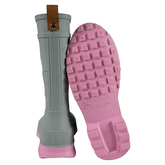Gummistiefel - Schuhgröße: 41, Grau - Graue Gummistiefel mit rosa Sohle und Größenangaben. Ideal für nasse Tage und modische Akzente. Strapazierfähig und bequem.