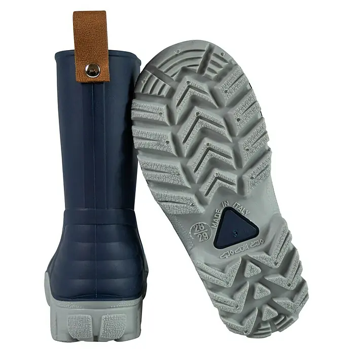 Gummistiefel MiniMe - Schuhgröße: 30, Navy - Marineblaue Kindergummistiefel mit braunem Riemen und grauer Sohle mit rutschfestem Profil. Ideal für regnerische Tage und Outdoor-Abenteuer.