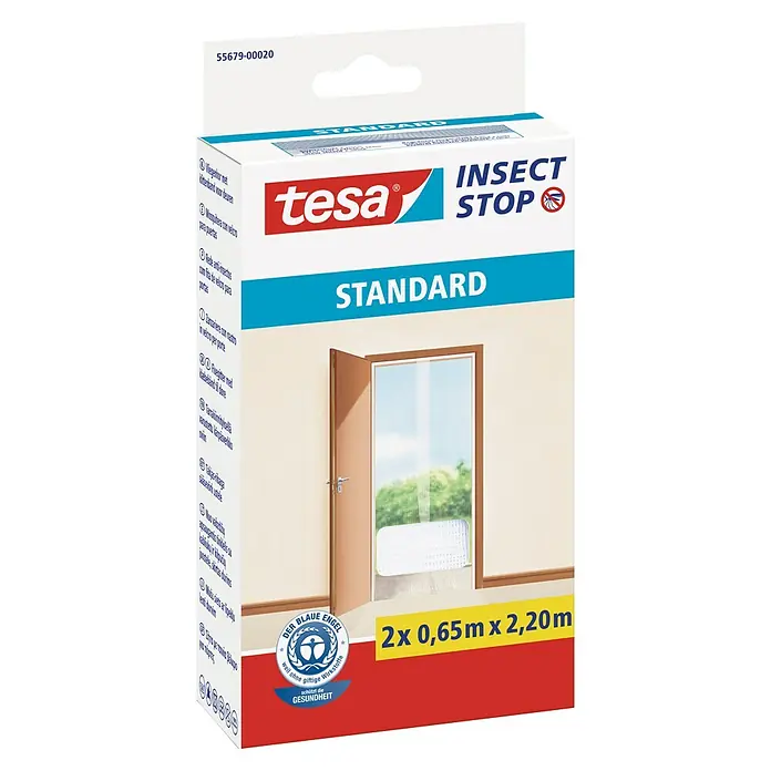 Tesa Insect Stop Insektenschutztür Klett Standard - B x H: 65 x 220 cm, Montage Insektengitter: Ankletten - Packung Tesa Insect Stop Standard Fliegengitter für Türen, 2x 0,65m x 2,20m, zum Schutz vor Insekten ohne giftige Wirkstoffe.