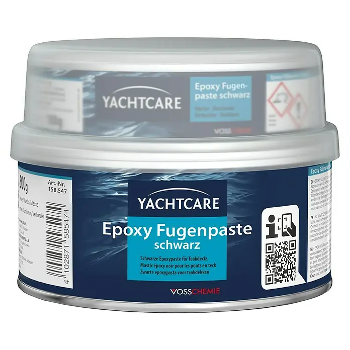 Yachtcare Epoxy Fugenpaste - Nettomasse: 500 g - Abbildung von YACHTCARE Epoxy Fugenpaste schwarz, eine Epoxidharz-Fugenmasse für Teakdecks, ideal für Bootsreparaturen und -wartung.