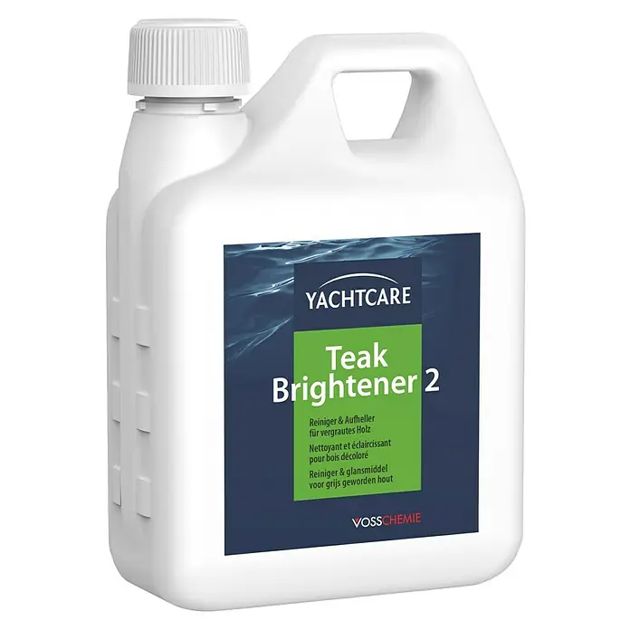 Yachtcare Teakreiniger & Entgrauer Brightener 2 - 1 l - Bild einer Flasche Yachtcare Teak Brightener 2, einem Reiniger und Aufheller für vergrautes Holz, zur Pflege von Teakholz.