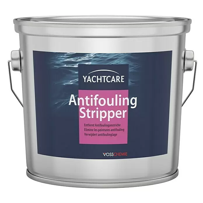Yachtcare Abbeizer Antifouling Stripper - 2,5 l - Silberne Metallkanne YACHTCARE Antifouling Stripper mit dunkelblauem und pinkem Etikett.