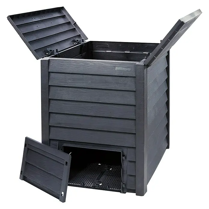 Garantia Komposter Thermo-Wood - 400 l, 72 x 72 x 90 cm, Mit Bodengitter - Offener, anthrazitfarbener Garapa-Komposter mit Holzstruktur, ideal für den Garten zur Kompostierung organischer Abfälle.