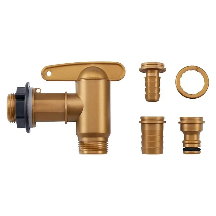 Garantia Auslaufhahn-Set Aqua Quick - ¾″, Kunststoff - Goldfarbener Hahn mit verschiedenen Adaptern. Das Set beinhaltet alles, um verschiedene Schlauchgrößen anzuschließen.