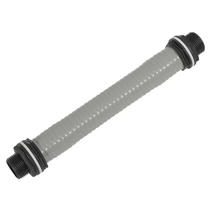 Garantia Regentonnen-Verbindungs-Set - Länge: 30 cm, Größe Anschluss: ¾″ - Ein grauer, flexibler Schlauch mit schwarzen Endstücken und Gewinden, der für verschiedene Anwendungen geeignet ist.