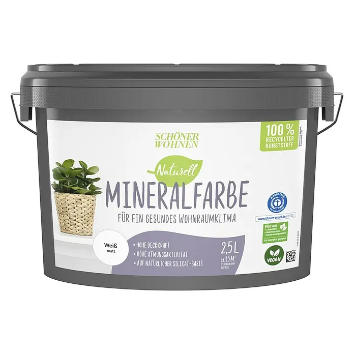 SCHÖNER WOHNEN-Farbe Naturell Wandfarbe Mineralfarbe - Weiß, Matt, 2,5 l, Allergikergeeignet - Abbildung eines Eimers mineralischer Innenfarbe von Schöner Wohnen, die für ein gesundes Raumklima sorgt und vegan ist.