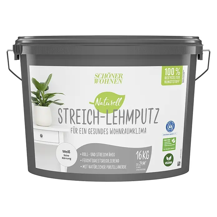 SCHÖNER WOHNEN-Farbe Naturell Lehm-Streichputz Streich-Lehmputz - Weiß, 16 kg - Eimer Schöner Wohnen Naturell Streich-Lehmputz mit 16 kg, weißer, feiner Körnung, ideal für ein gesundes Raumklima.