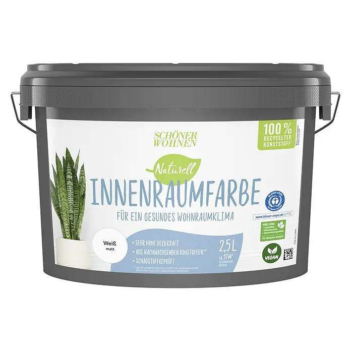 SCHÖNER WOHNEN-Farbe Naturell Wandfarbe Innenraumfarbe - Weiß, Matt, 2,5 l, Konservierungsmittelfrei - Ein Eimer Schöner Wohnen Naturell Innenraumfarbe in Weiß Matt, eine umweltfreundliche und vegane Option für ein gesundes Raumklima.