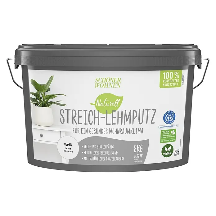 SCHÖNER WOHNEN-Farbe Naturell Lehm-Streichputz Streich-Lehmputz - Weiß, 8 kg - Dose mit Schönen Wohnen Streich-Lehmputz Naturell in Weiß, feine Körnung, 8 kg, für ein gesundes Raumklima.