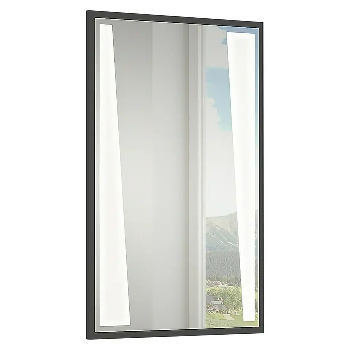 Astor Tree LED-Lichtspiegel - 60 x 80 cm, Schwarz, Schalter - Hier sehen wir einen stilvollen, rechteckigen Spiegel mit integrierter Beleuchtung und einem schmalen, dunklen Rahmen. Ideal für moderne Badezimmer.
