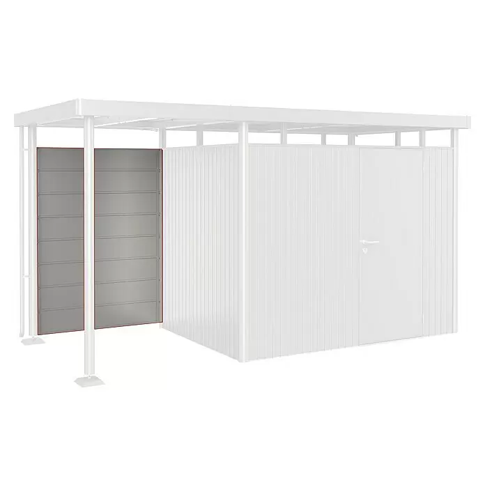 Biohort HighLine Rückwand SD GR. S H2-H5 - Passend für: Gerätehauses HighLine (ab Gr. H2), Quarzgrau-metallic - Graue horizontal-lamellierte Seitenpaneele an einer weißen modularen Carport- oder Schuppenstruktur.