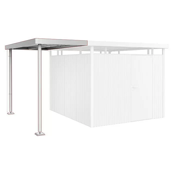Biohort HighLine Seitendach GHH H5 GR. S - Passend für: Gerätehaus HighLine (ab Gr. H2), Silber-metallic - Graue Metall-Carportstruktur mit weißen gerippten Seitenwänden und Tür.