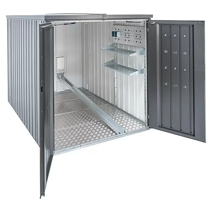 Biohort MiniGarage Fahrradgarage MiniGarage L - Dunkelgrau Metallic, Außenbreite inkl. Dachüberstand: 145 cm, Außentiefe inkl. Dachüberstand: 203 cm - Offene graue Metall-Aufbewahrungsbox mit Regalen, Haken und Bodenrampe, geeignet für Fahrräder oder Werkzeuge.
