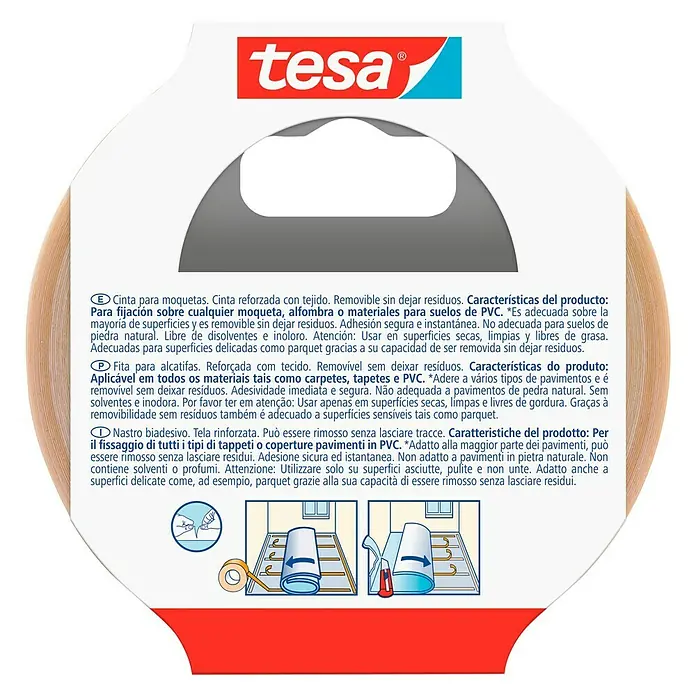 Tesa Cinta de doble cara para moquetas - 50 mm x 10 m - Cinta para moquetas Tesa: Reforzada con tejido, removible sin dejar residuos, para moquetas y suelos de PVC, adhesión segura y rápida.