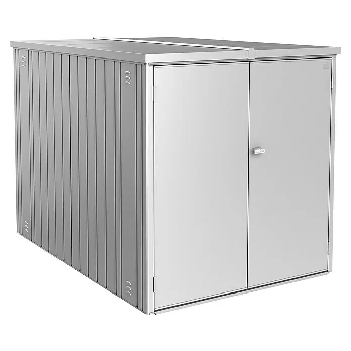 Biohort MiniGarage Fahrradgarage MiniGarage L - Silber-metallic, Außenbreite inkl. Dachüberstand: 145 cm, Außentiefe inkl. Dachüberstand: 203 cm - Grauer Metall-Geräteschuppen mit Doppeltüren.