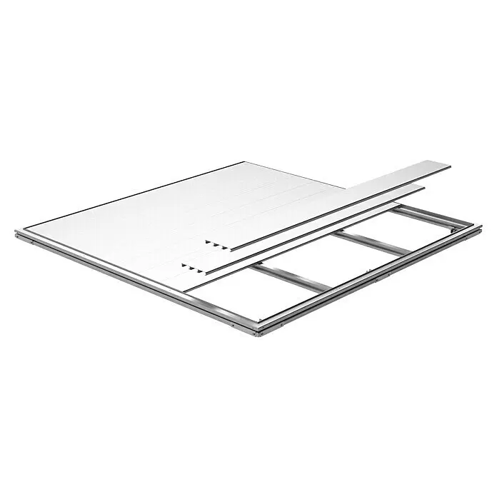 Biohort SmartBase Fundament - Aluminium, Passend für: Biohort HighLine Gerätehaus H6 - Silberne Aluminiumplatten für modulare Konstruktionen, einige gestapelt, andere auf einem grauen Rahmen montiert.