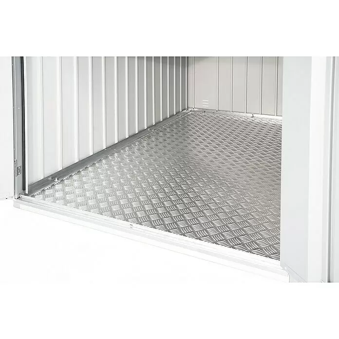 Biohort MiniGarage Bodenplatte MG GR. L - Passend für: Biohort Metallgerätehaus MiniGarage L, Aluminium - Innenansicht eines Metallschuppens mit rutschfestem Aluminium-Riffelblechboden und Wellblechwänden.