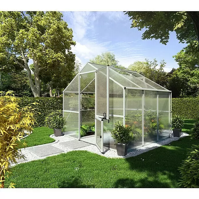 KGT Gewächshaus Enzian III - Außenmaß inkl. Dachüberstand (B x T): 267 x 227 cm, 6 mm, Silber - Stimmungsaufnahme